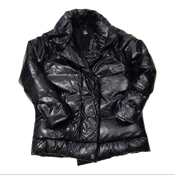 Bacon Women Small Black Shiny Pocketed Zippered Hooded Down Puffer Jacket - Picture 4 of 16